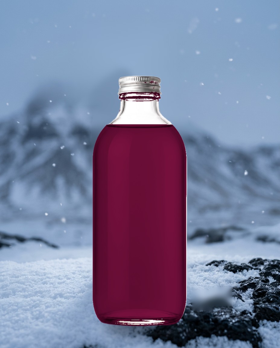Glóða Flow Blueberry kombucha bottle standing in Icelandic snow