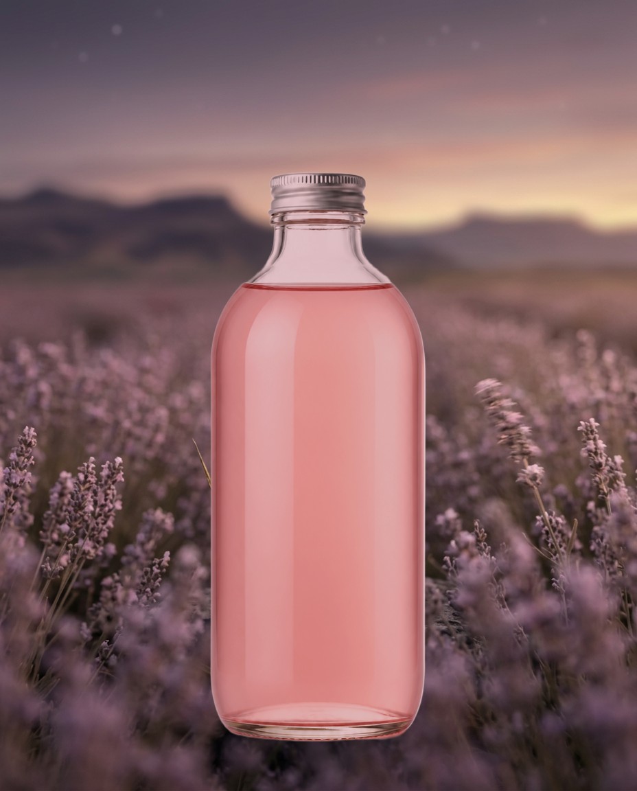 Glóða Flow Strawberry Lavender kombucha bottle in a lavender field at dusk