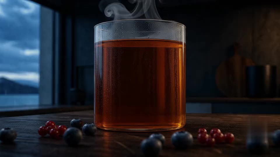 A glass vessel of steaming amber tea on dark oak, berries scattered around it